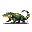 Vibrant green alligator with yellow and orange highlights mid-stride, its banded yellow and black tail whipping behind, kicking up dust or water.
