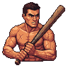 Muscular, shirtless warrior with stern expression gripping a wooden baseball bat.