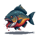 Pixel Art: Exotic piranha with sharp teeth, blood flowing from its mout...
