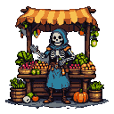 Skeletal merchant in a blue hooded robe stands behind a rustic market stall filled with colorful pixel art produce, including radishes, oranges, and leafy greens. A pumpkin rests at the merchant's feet.