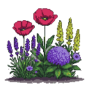 A vibrant garden arrangement of red poppies, purple lavender, yellow Jerusalem sage, blue hydrangeas, and cornflowers.