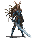 Elven warrior with antlers and flowing brown hair, wearing dark blue and bronze armor, holding a glowing ornate sword.