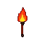 A flickering flame of yellow and orange erupts from a dark red wooden torch against a black background.