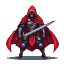Hooded warrior in red cape and metallic armor, holding a gleaming sword, with glowing yellow eyes visible in shadow.