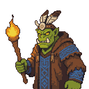 Grim-faced orc shaman holding a fiery torch aloft, wearing a feathered headdress and a blue-patterned brown robe.