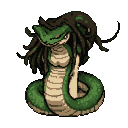 A coiled serpentine creature with a green body and pale segmented underside, dark tangled hair framing its face.
