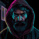 Middle-aged man with a matted beard, wavy hair pulled up, stares forward under neon magenta and cyan rim lighting against a black background.