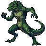 Green reptilian warrior with scaly hide, muscular build, and sharp gaze.