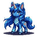 A vibrant blue unicorn with a golden horn, rosy cheeks, and stylized light-blue armor markings.