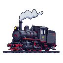 Vintage steam locomotive with red detailing and a plume of white steam, illuminated by a yellow headlight.