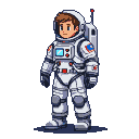 Lone male astronaut in a white space suit with a blue chest screen, facing left.
