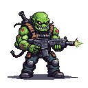Green-skinned mutant with jagged teeth, snarling and gripping a minigun firing projectiles. It wears tactical gear and has red markings on its skin.