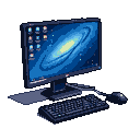 Pixelated desktop computer with monitor displaying a swirling galaxy wallpaper, keyboard, and mouse on a black background.