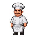 A cheerful chef with a large mustache, wearing a toque, double-breasted jacket, and apron.
