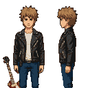 Pixel Art: girl character in a vintage long old brown coat, with blonde...