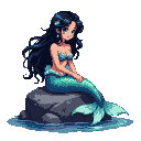 Pixel Art: black-haired beautiful mermaid sitting on the rock