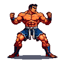 Muscular fighter with clenched fists and legs spread wide, in a ready stance, rendered in vibrant orange and blue pixel art.