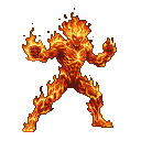 A fiery elemental with swirling orange and yellow flames, poised for combat against a black background.
