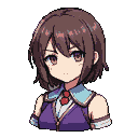 Young woman with short brown hair, large purple eyes, wearing a purple vest, white shirt, light blue collar, and red tie.