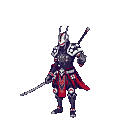A lone figure in dark, ornate armor with red accents, holding a katana.