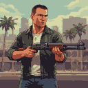 A man resembling Trevor from Grand Theft Auto V stands with a shotgun, looking intently to the side against a hazy, muted urban backdrop with palm trees.