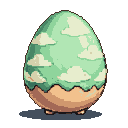 A plump egg, half pale green with white clouds and half sandy brown, stands upright with a soft shadow.