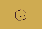 Oval-shaped character with dark purple outline, two dark pixel eyes, and a small curved pixel mouth on a muted golden-yellow background.