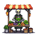 Skeletal merchant with a grinning skull and green tunic behind a market stall piled with colorful fruits and vegetables.