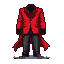 Figure in a pixelated red coat with a void for a head, dark trousers, and black gloves against a black background.