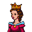 Regal queen in profile wearing a golden crown with red accents, a pink gown with puffy sleeves, and a light blue collar, with a golden pendant.
