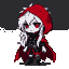 Chibi vampire protagonist Scarlet, with pale skin, glowing crimson eyes, and fangs, stands in a battle stance. She wears a deep red hood over messy white hair, a dark charcoal tunic with silver buckles, and a tattered scarlet cape. Strong violet backlighting defines her silhouette.