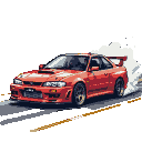 Vibrant red sports car in a mid-drift maneuver, kicking up a plume of white smoke against a black background.
