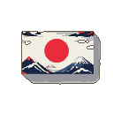 Stylized Japanese flag with a red sun disc above snow-capped mountains.