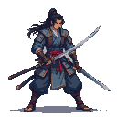 Stoic warrior in blue and grey armor with a red sash, dual-wielding swords, intense gaze.