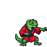 Pixel Art: arcade fighter gecko in red kimono attacks with kick combo
