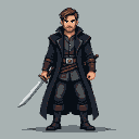 Stoic warrior in a black coat and bracers, holding a short sword.