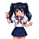 Anime schoolgirl with dark twin ponytails, wearing a white sailor uniform with red ascot and dark blue pleated skirt, makes a peace sign with a smile.