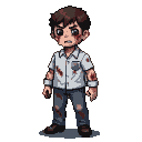 Chibi-style pixel art of a distressed young male student with blood-stained clothing.