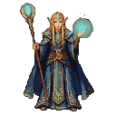 Elven mage with blonde hair and golden circlet, cloaked in blue with golden trim, conjuring a glowing turquoise orb from a staff and a shimmering sphere of light.