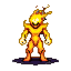 A fire elemental with an armored body, a crown of fiery tendrils, and a grinning mask, standing on dark ground.
