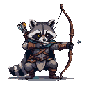 Anthropomorphic raccoon archer in leather armor and hooded cape, crouched and drawing a longbow.