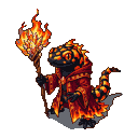 Pixel art fire salamander mage in a flaming crimson and gold robe, holding a staff with a bright flame.