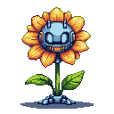 A metallic blue robot head with wide blue eyes and a toothy grin, emerging from the yellow petals of a sunflower. Two antennae extend from the robot's head. The sunflower has a pixelated green stem and leaves, and the robot stands on blocky grey feet.