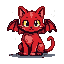 A red devil cat with yellow eyes and small bat wings sits with a mischievous expression.