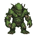 A hulking forest golem with mossy bark, tangled vines, and earthy brown skin, snarling with glowing amber eyes and a root beard.