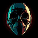 A skeletal mask with hollow eye sockets and a grinning mouth, illuminated by teal and crimson light against a black background.