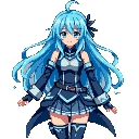 Young woman with long cyan hair and blue eyes, arms outstretched with palms up.