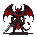 A devil knight in obsidian armor with crimson accents, bat-like wings spread, sharp horns, and a curved tail. A battle-worn sword rests at its side.