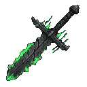 Jagged dark sword with spectral green energy, tusk-like edges, and scarred texture.