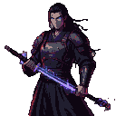 Lone samurai with glowing ice-blue eyes, gripping a katana crackling with digital energy.